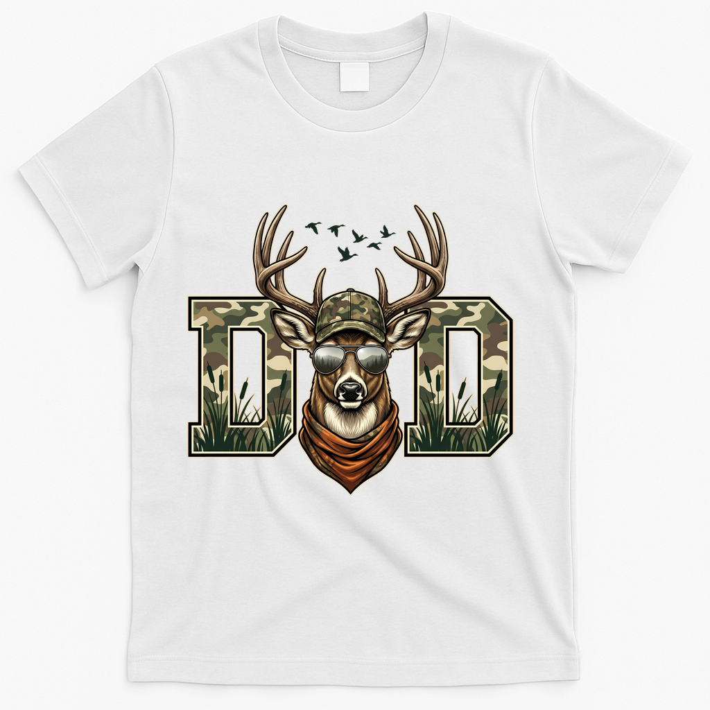 Varsity Style Camo Dad Deer Buck Hunter Fathers Day T-Shirt - White