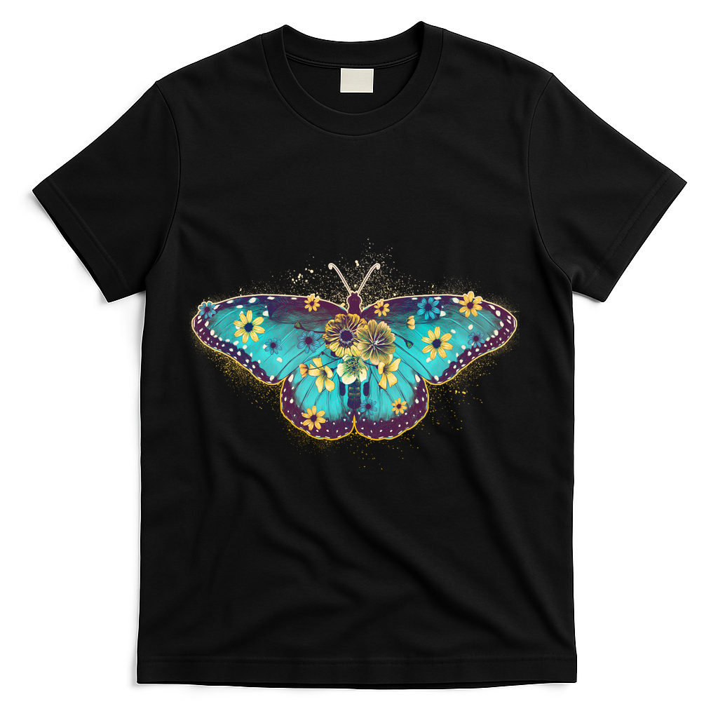 Vintage Summer Flower Floral Butterfly T-Shirt - Black