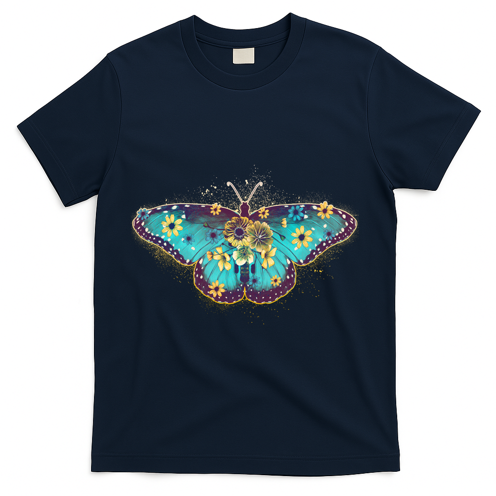 Vintage Summer Flower Floral Butterfly T-Shirt - Navy