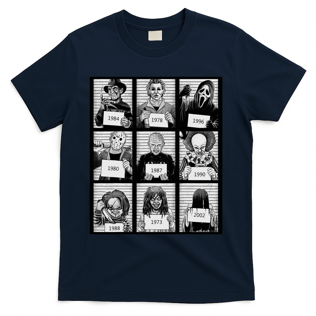 Vintage Scary Horror Movie Halloween Character Autumn T-Shirt - Navy