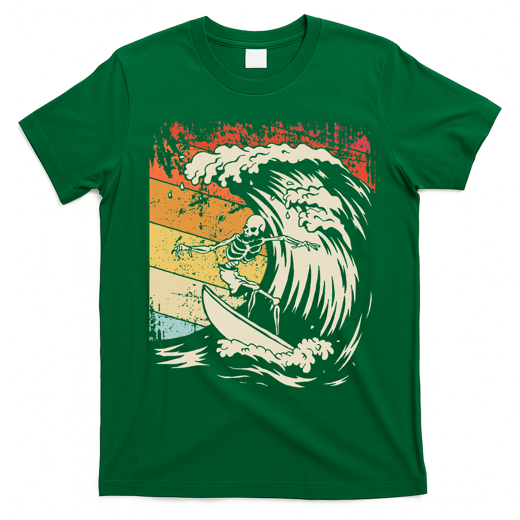Vintage Surfing Skeleton Halloween Surfboard T-Shirt - Irish Green
