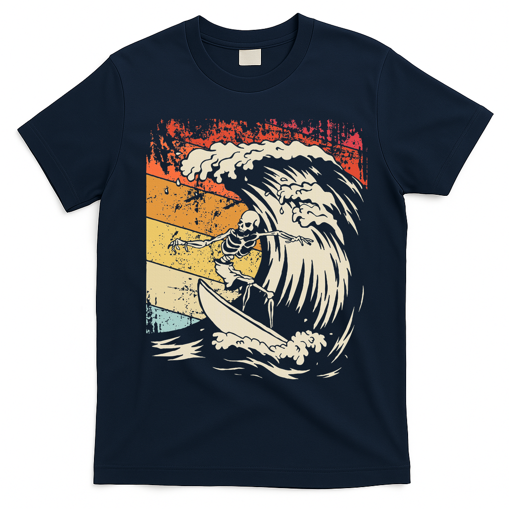 Vintage Surfing Skeleton Halloween Surfboard T-Shirt - Navy Blue