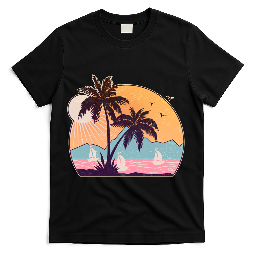 Vintage Summer Beach Emblem T-Shirt - Black