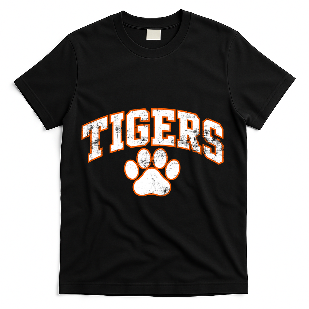 Vintage Tigers Paw Print Graphic Sports T-Shirt - Black