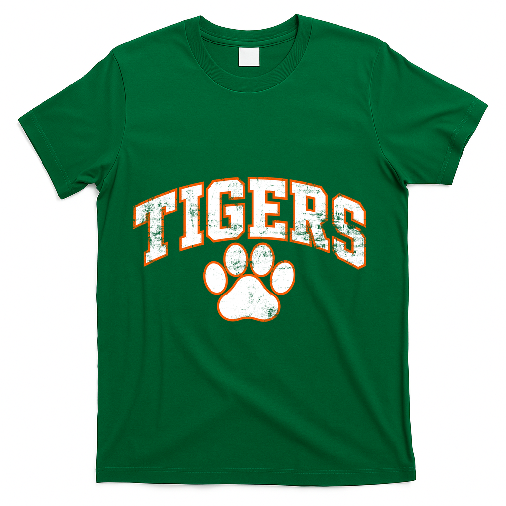 Vintage Tigers Paw Print Graphic Sports T-Shirt - Green