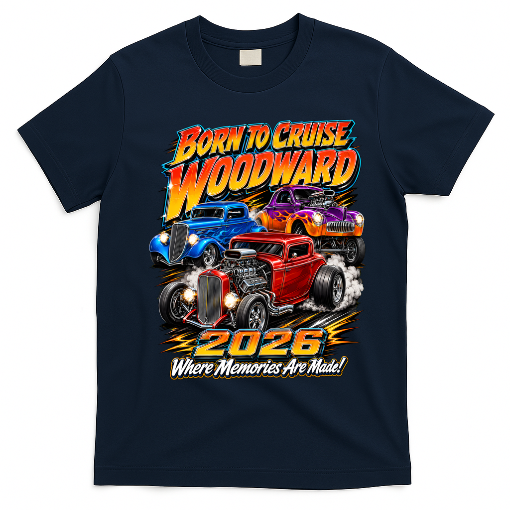 Woodward 2026 Born To Cruise Hot Rods T-Shirt - Navy Blue