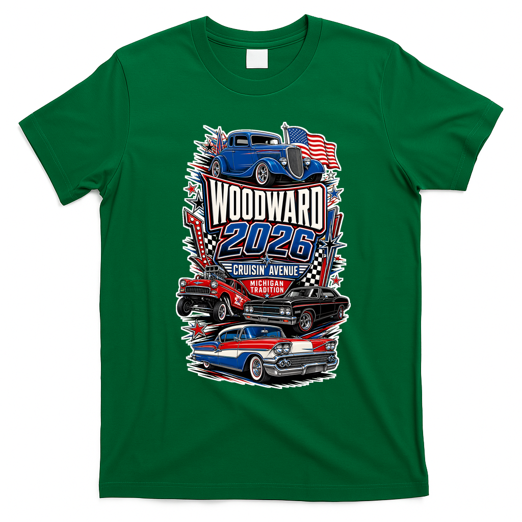 Woodward 2026 Cruisin' Avenue Vintage Car Rally M1 T-Shirt - Irish Green