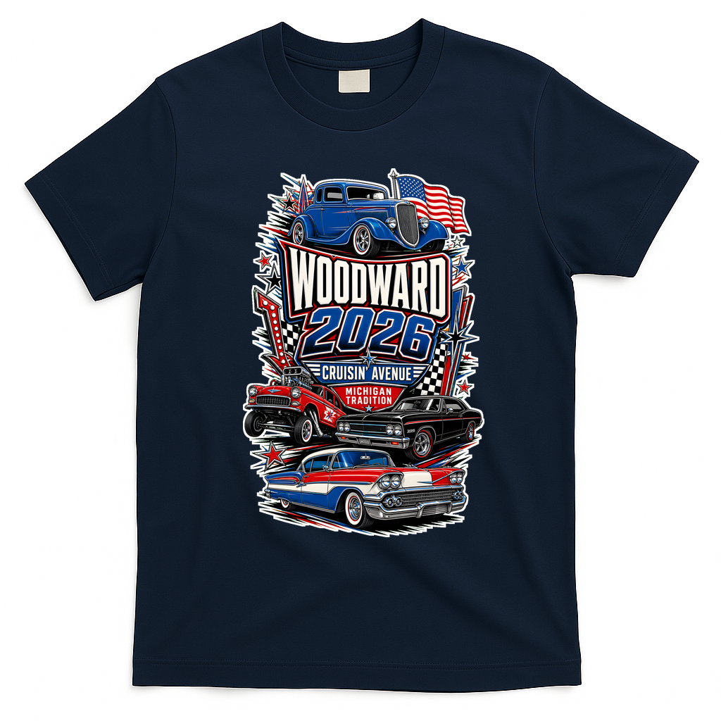 Woodward 2026 Cruisin' Avenue Vintage Car Rally M1 T-Shirt - Navy Blue