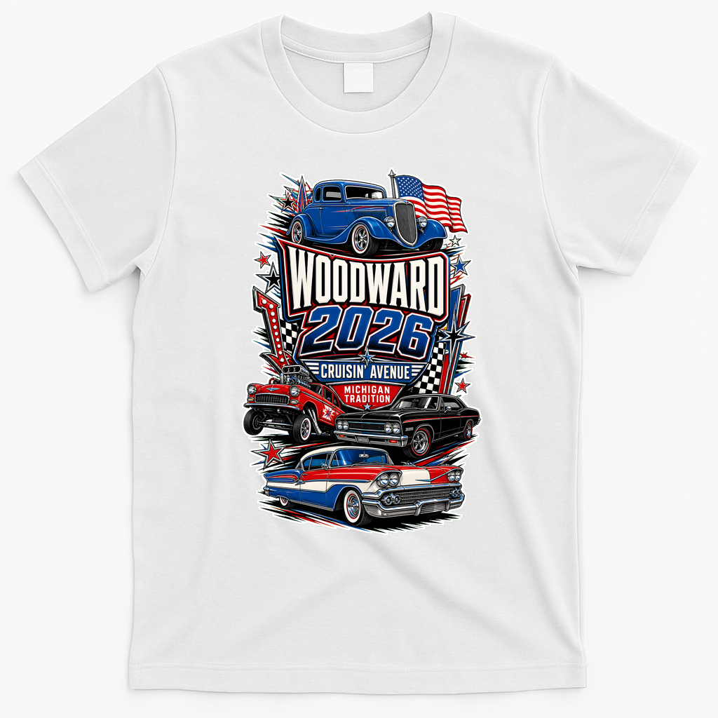 Woodward 2026 Cruisin' Avenue Vintage Car Rally M1 T-Shirt - White