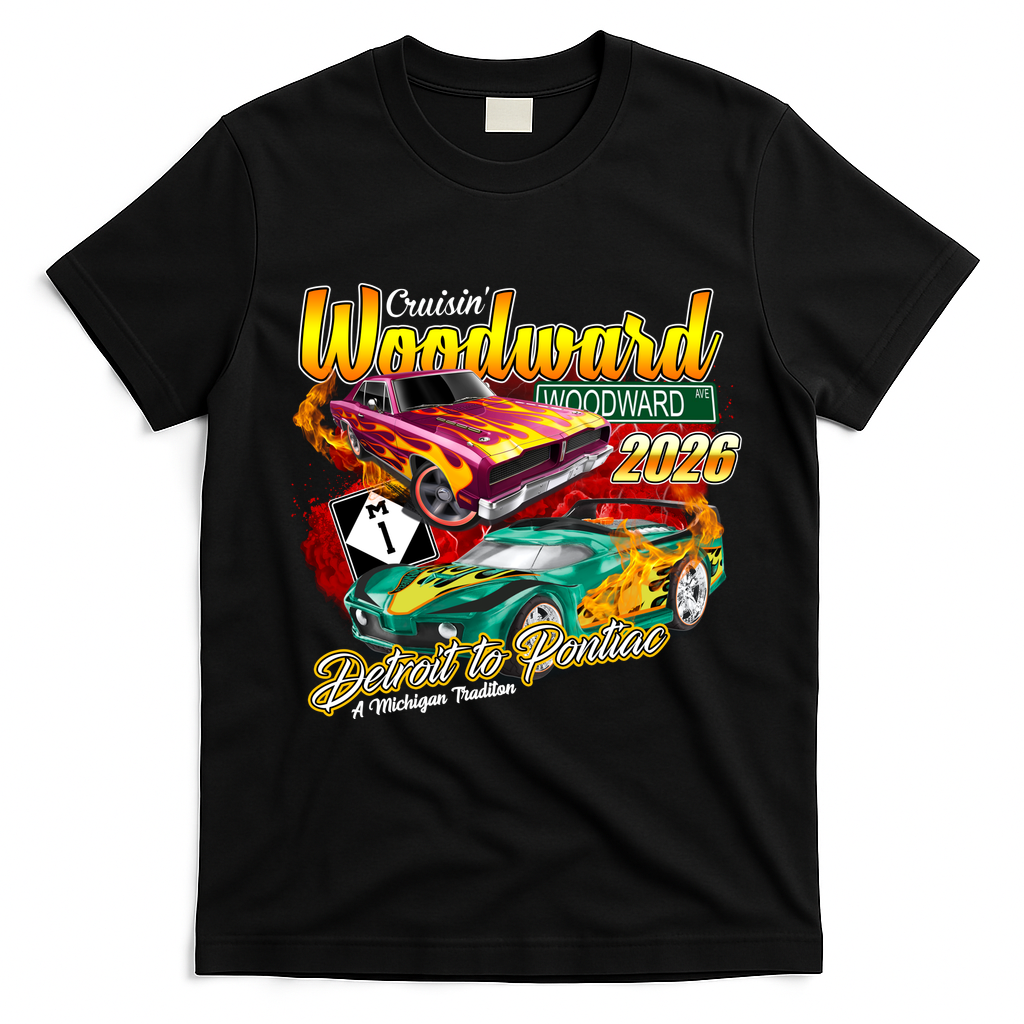 Woodward Avenue 2026 Detroit to Pontiac Racing Cars T-Shirt - Black