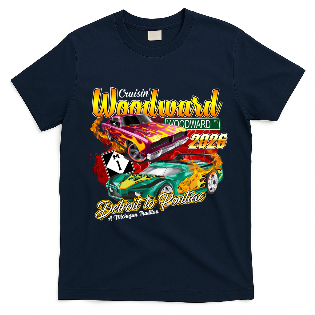 Woodward Avenue 2026 Detroit to Pontiac Racing Cars T-Shirt - Navy Blue