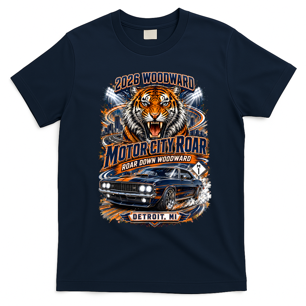 Wooward Ave 2026 Tigers Themed Roar Down M1 Car T-Shirt - Navy Blue