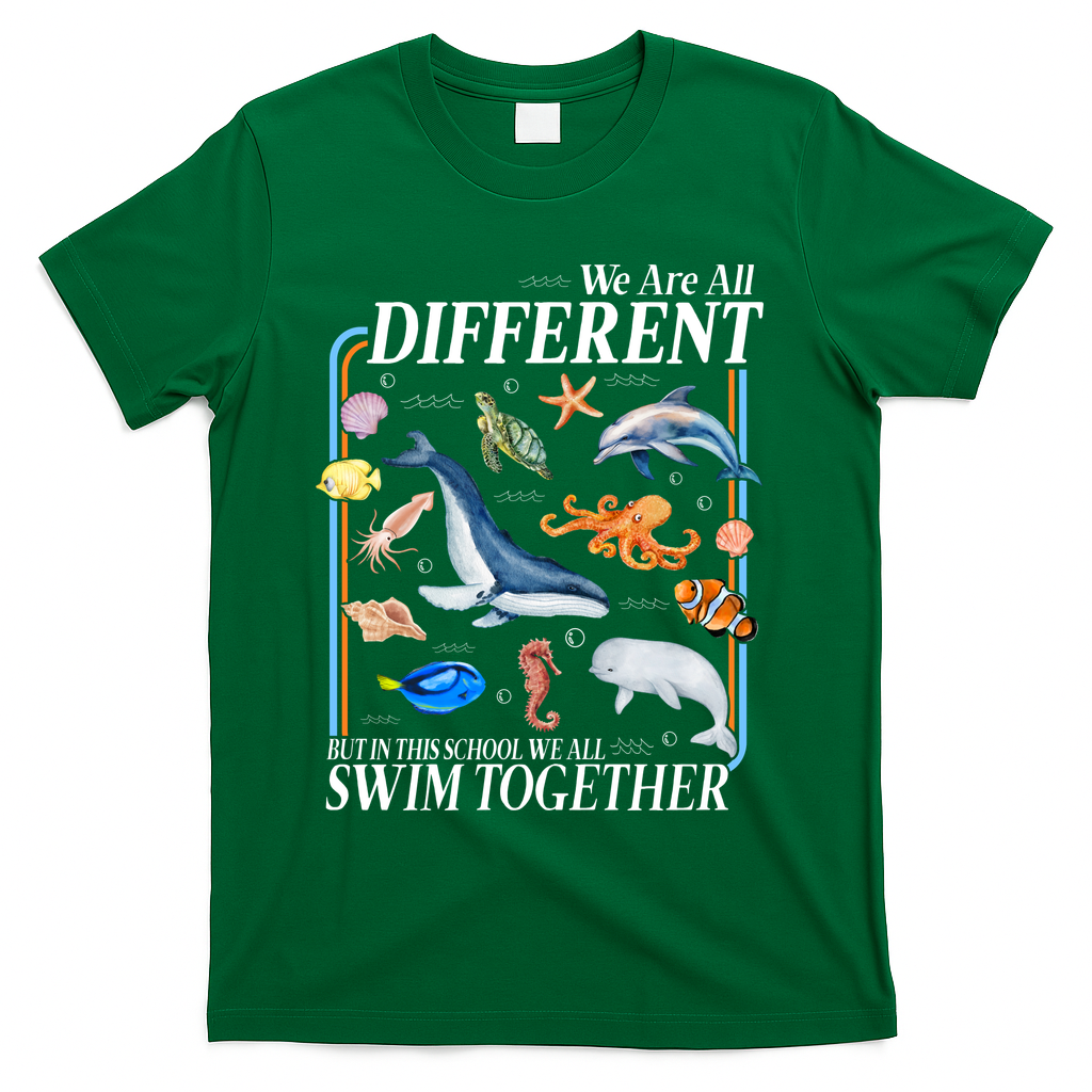 We Are All Different Swim Together Teacher Students Classmates T-Shirt - Green