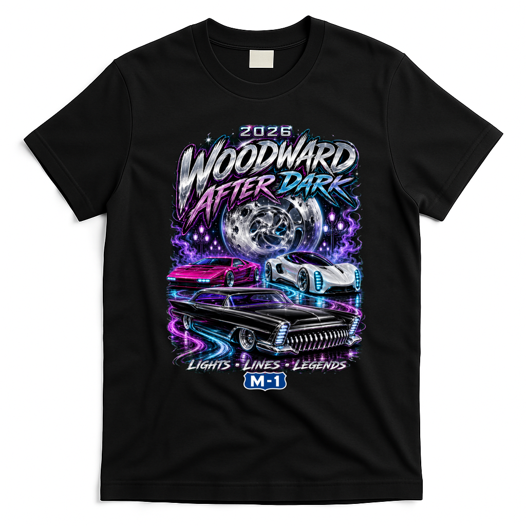 Woodward After Dark 2026 Car Show Retro Night Event T-Shirt - Black