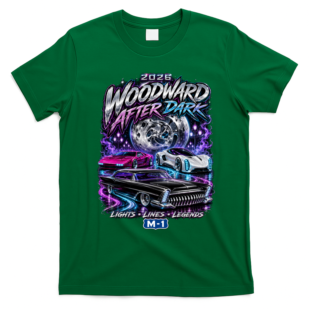 Woodward After Dark 2026 Car Show Retro Night Event T-Shirt - Irish Green