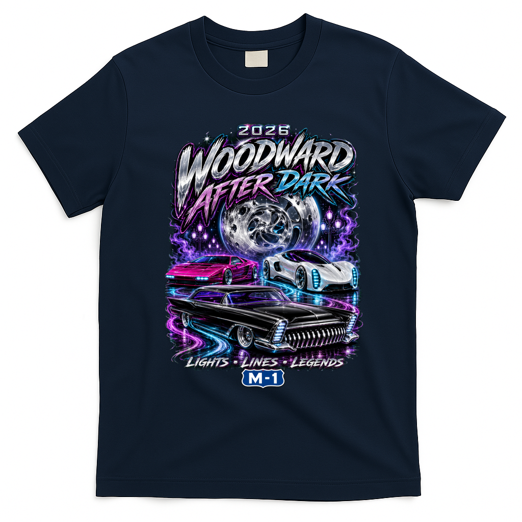 Woodward After Dark 2026 Car Show Retro Night Event T-Shirt - Navy Blue