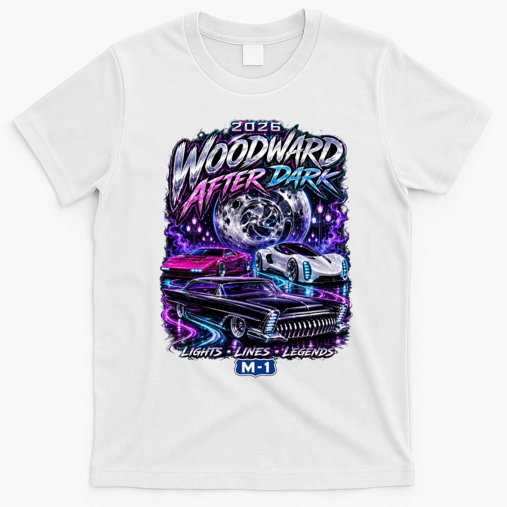 Woodward After Dark 2026 Car Show Retro Night Event T-Shirt - White