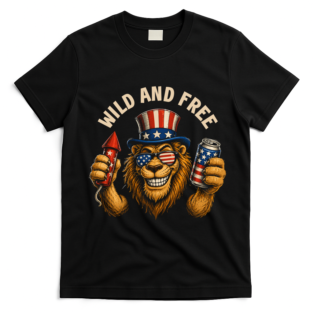 Wild And Free Patriotic Lion USA T-Shirt - Black