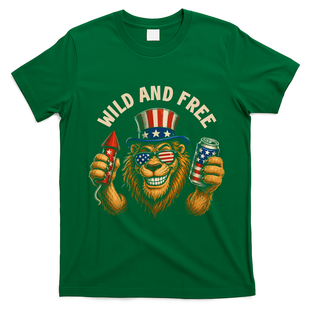 Wild And Free Patriotic Lion USA T-Shirt - Irish Green