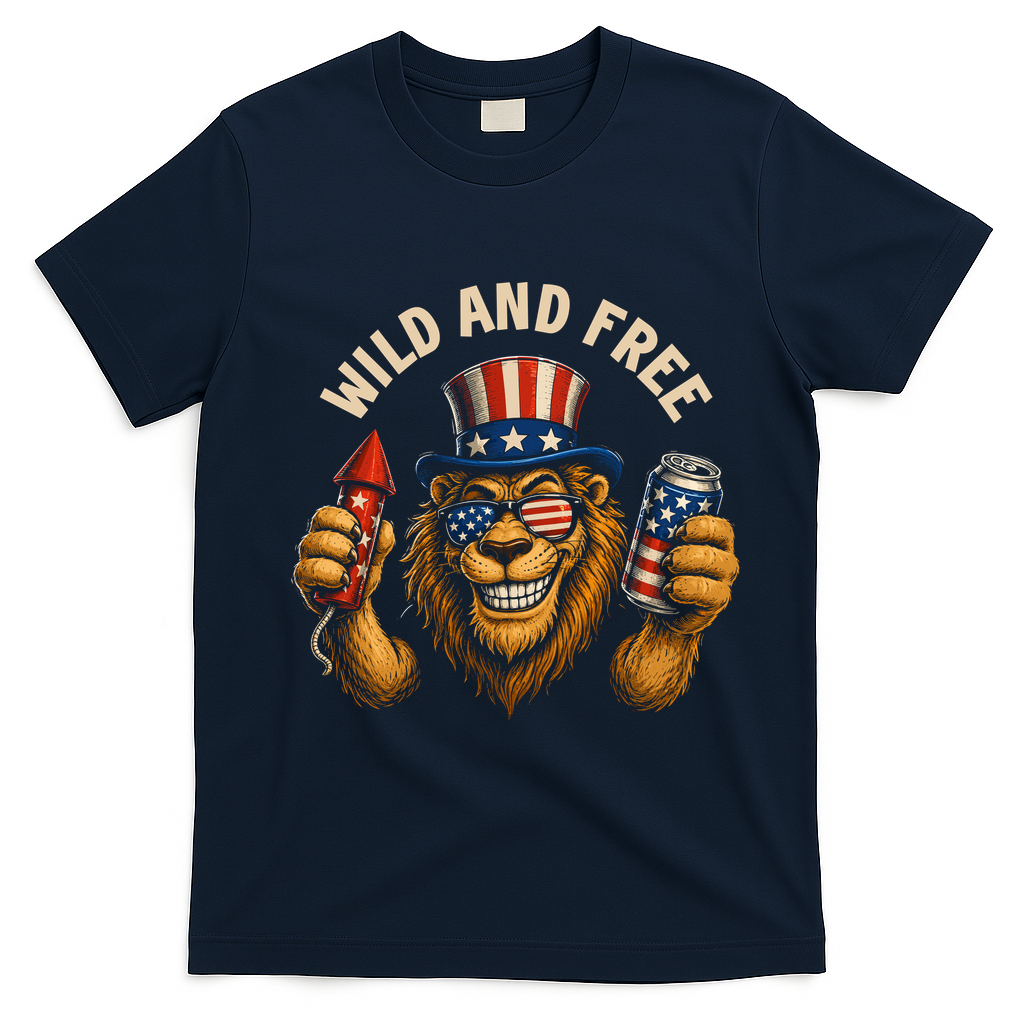 Wild And Free Patriotic Lion USA T-Shirt - Navy Blue