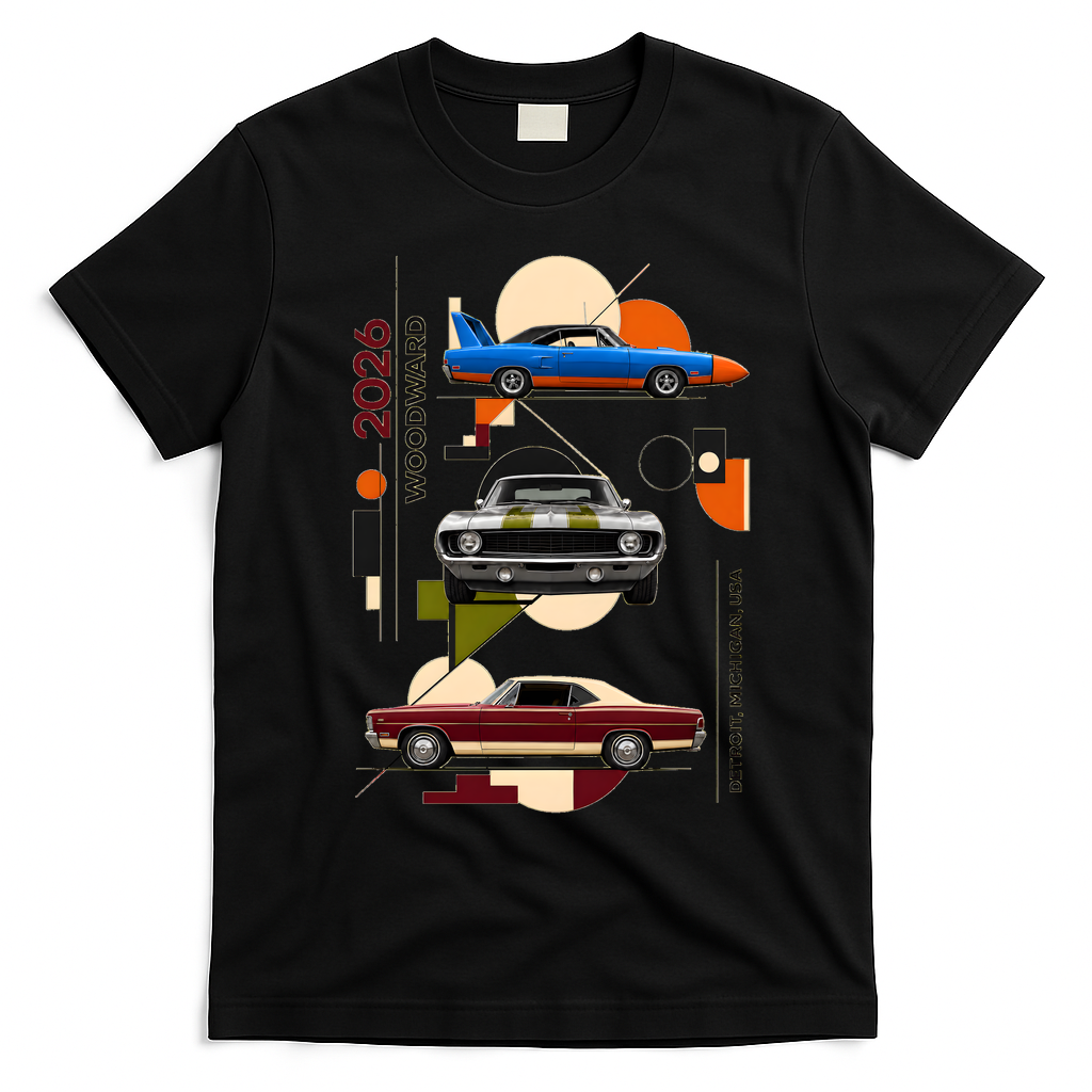 Woodward Ave M1 Classic Cars Art Deco 2026 T-Shirt - Black