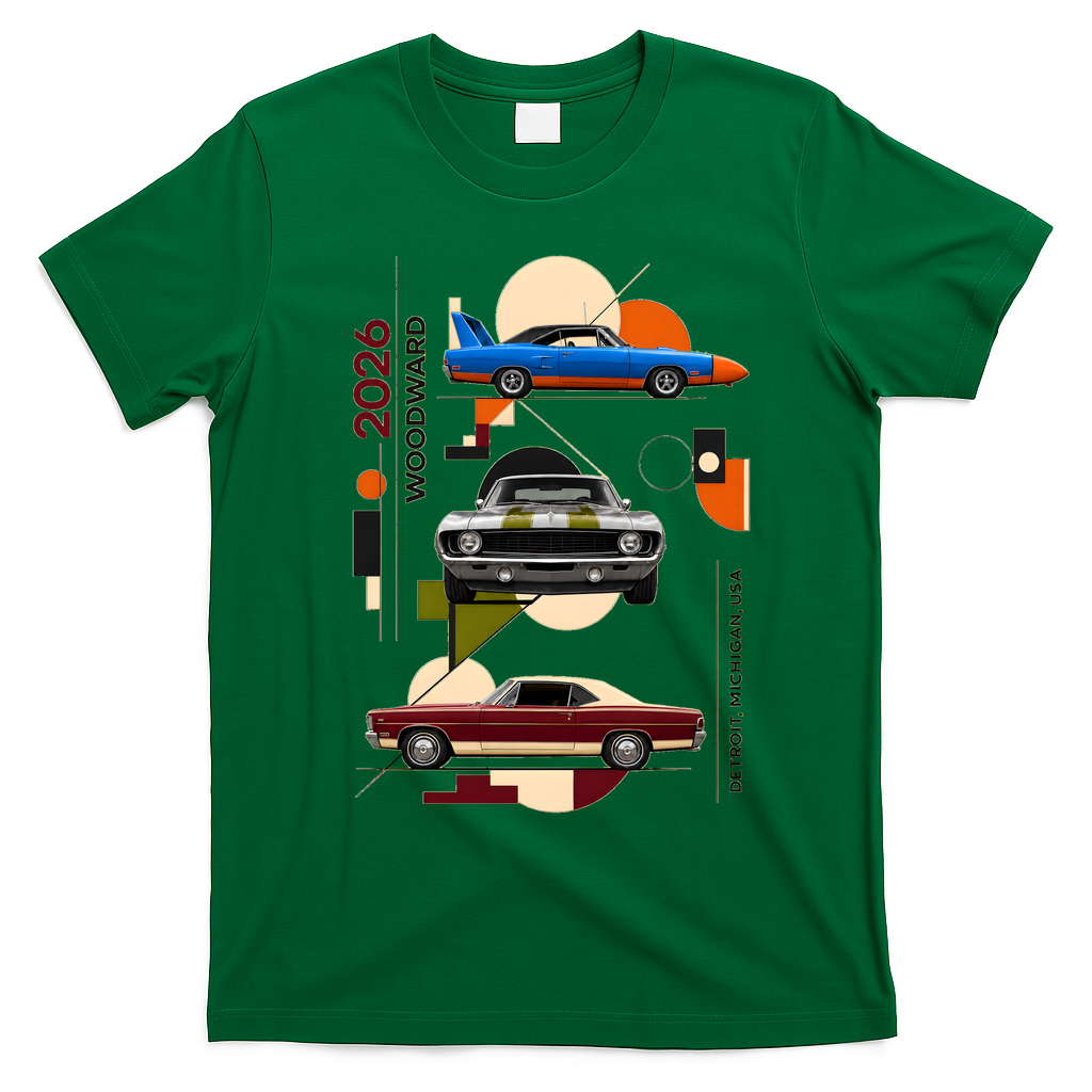 Woodward Ave M1 Classic Cars Art Deco 2026 T-Shirt - Irish Green