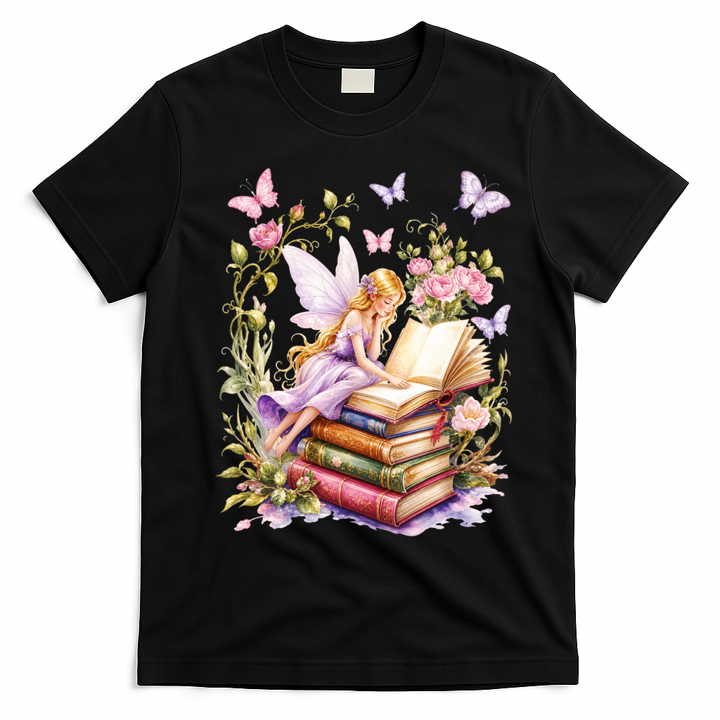 Watercolor Butterfly Fairy Book Library Fantasy Novel T-Shirt - Black
