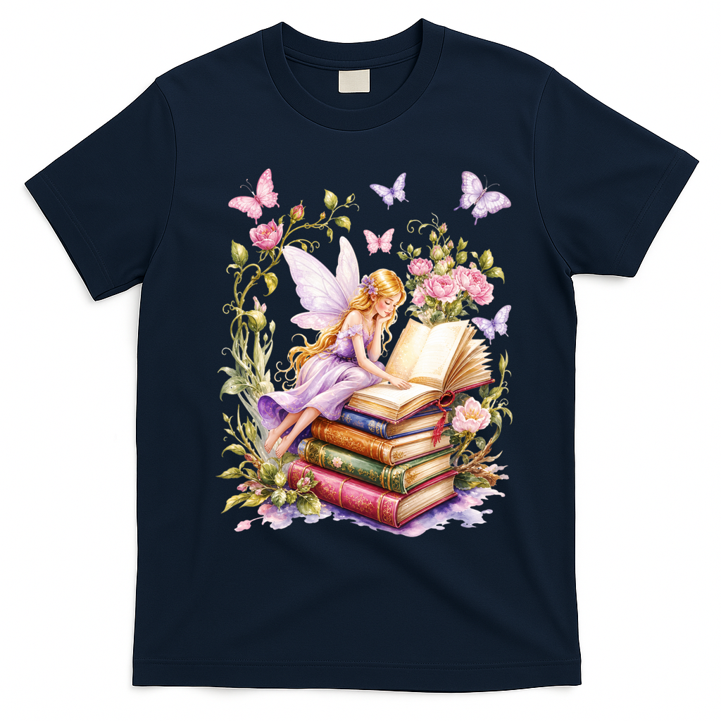 Watercolor Butterfly Fairy Book Library Fantasy Novel T-Shirt - Navy Blue