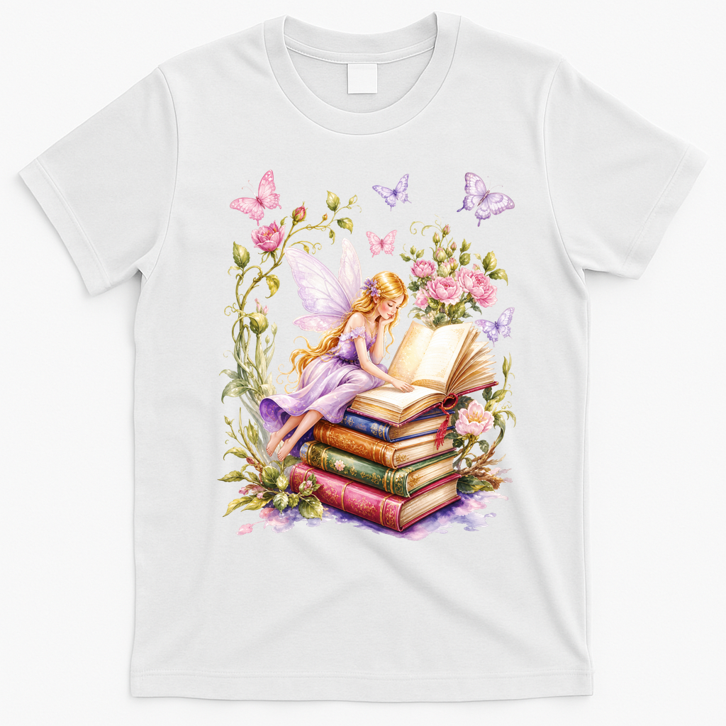 Watercolor Butterfly Fairy Book Library Fantasy Novel T-Shirt - White