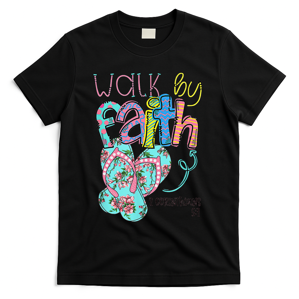 Walk By Faith Flip Flops Christian Jesus Bible Verse Summer T-Shirt - Black