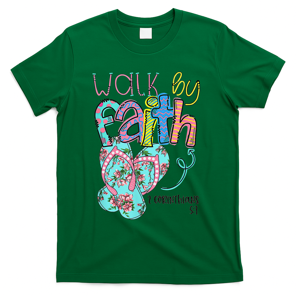 Walk By Faith Flip Flops Christian Jesus Bible Verse Summer T-Shirt - Green