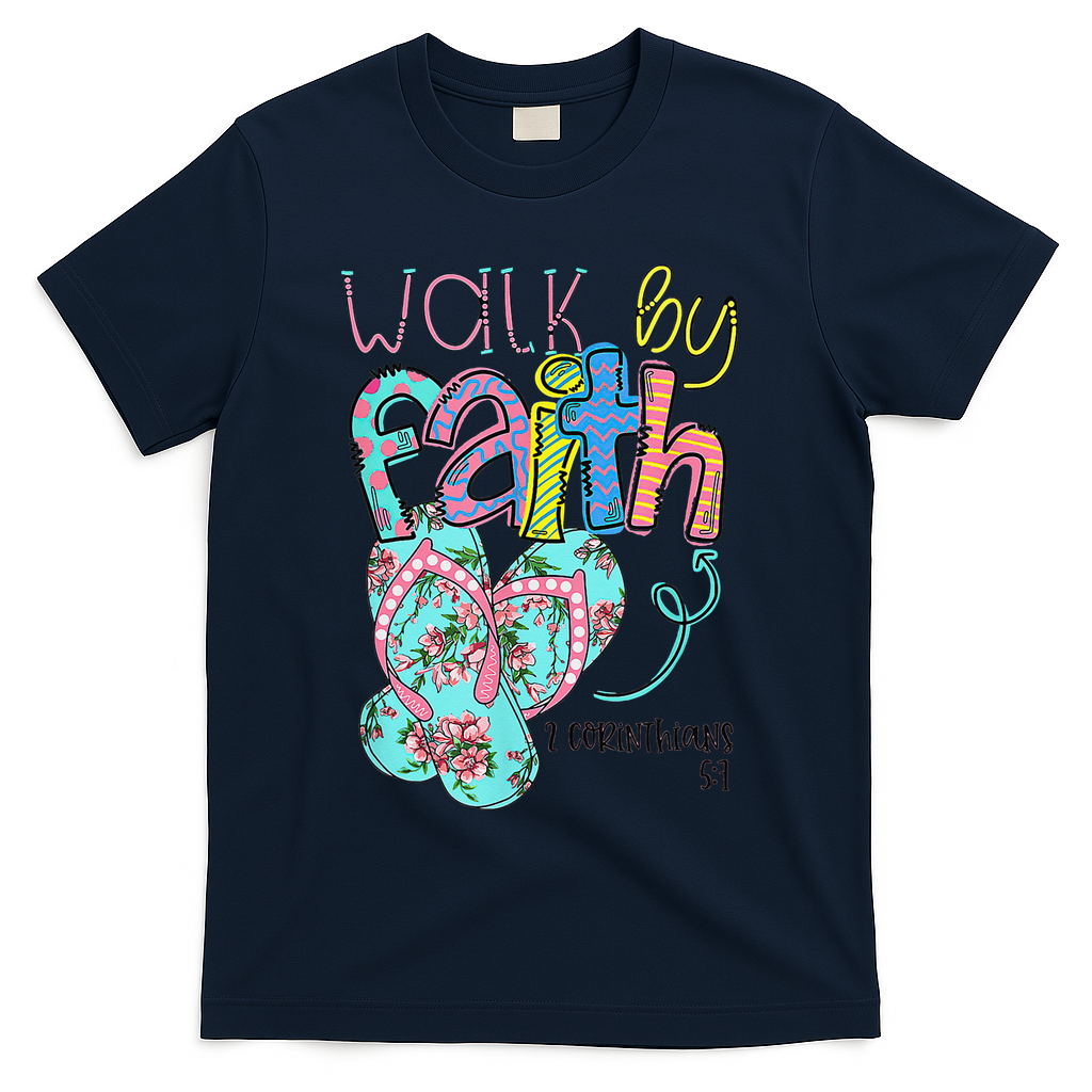 Walk By Faith Flip Flops Christian Jesus Bible Verse Summer T-Shirt - Navy