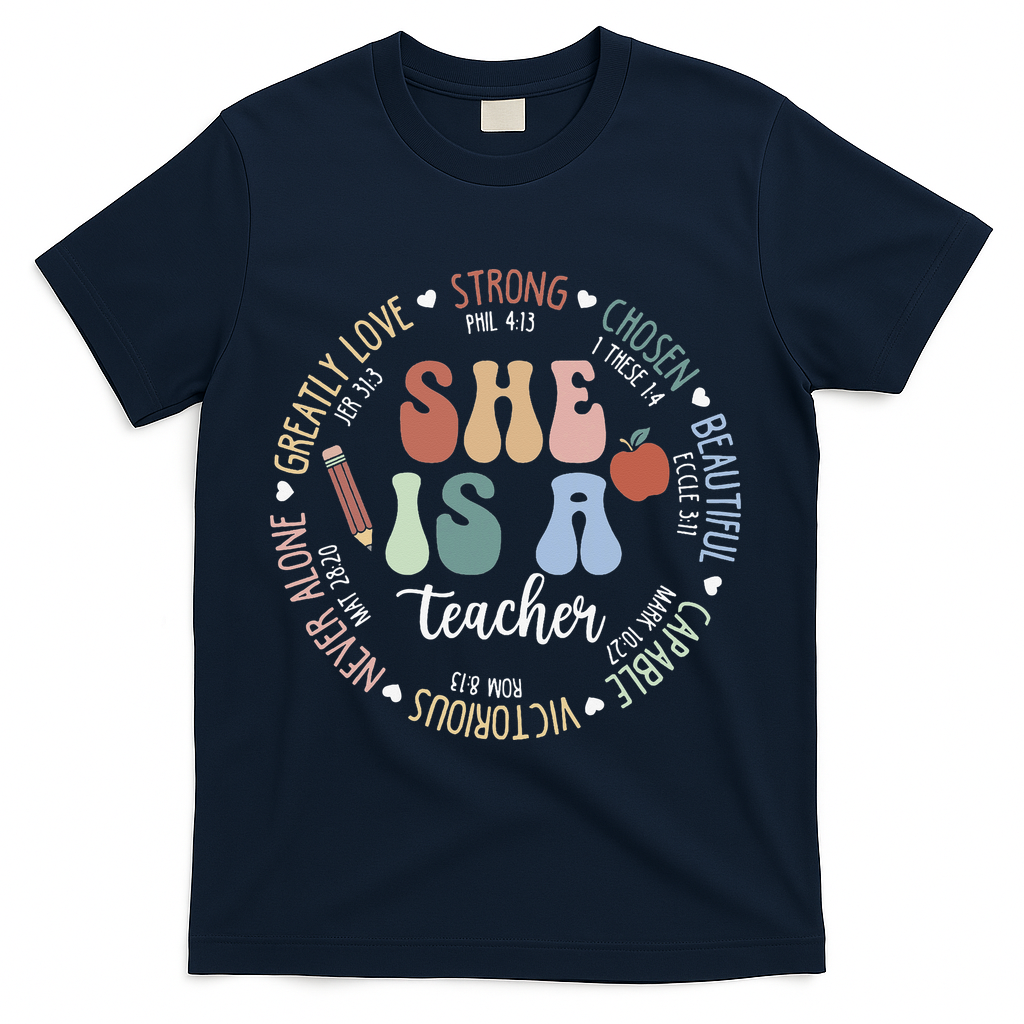 Women Bible Verse Christian Teacher God Says Back To School T-Shirt - Navy
