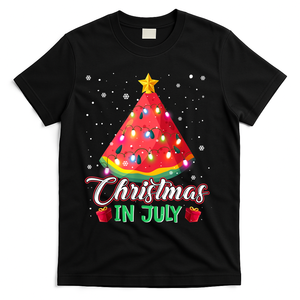Watermelon Christmas Tree Christmas In July Summer Vacation T-Shirt - Black