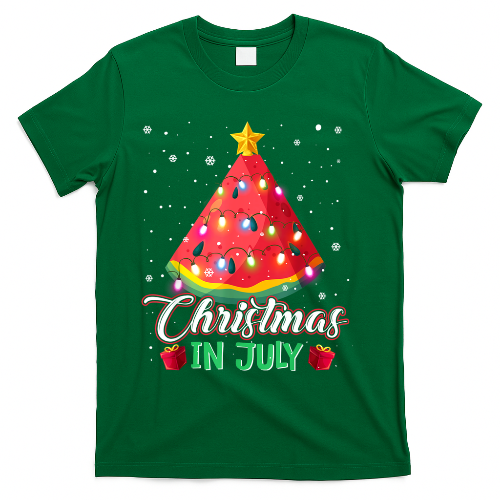 Watermelon Christmas Tree Christmas In July Summer Vacation T-Shirt - Green