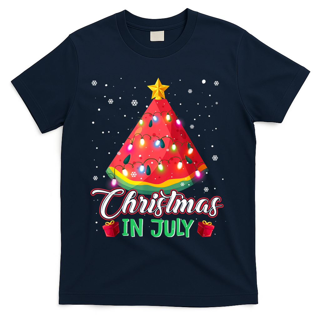 Watermelon Christmas Tree Christmas In July Summer Vacation T-Shirt - Navy