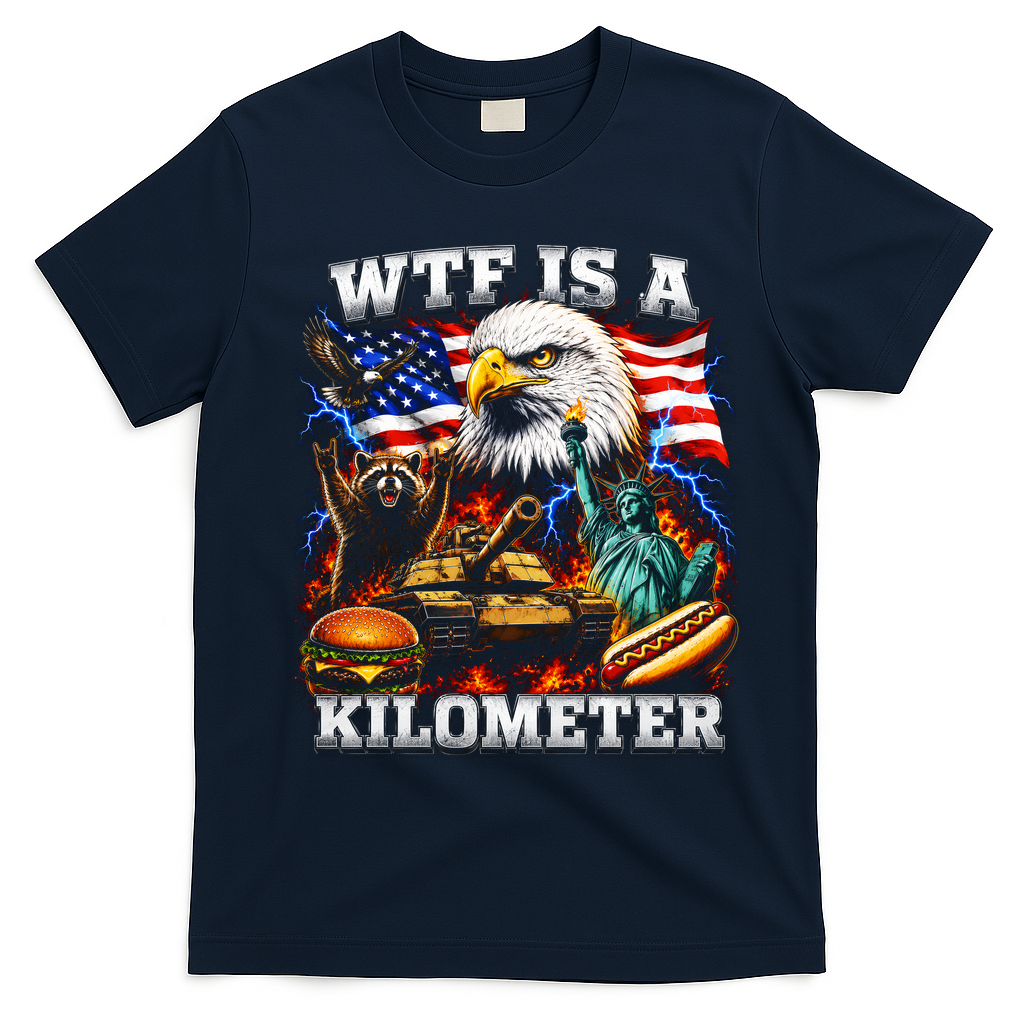 WTF Is A Kilometer? Patriotic Eagle American Graphic T-Shirt - Navy Blue