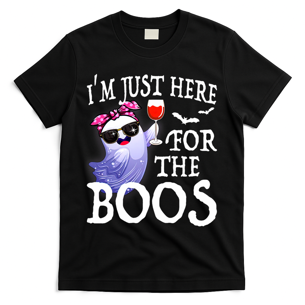 Women Im Just Here For The Boos Cute Halloween Ghost Wine T-Shirt - Black
