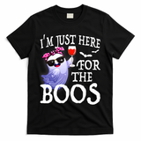 Women Im Just Here For The Boos Cute Halloween Ghost Wine T-Shirt - Black