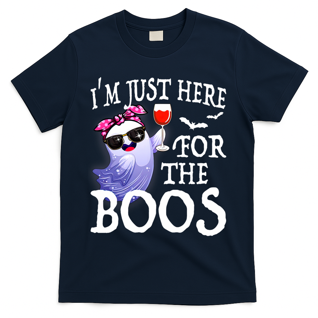 Women Im Just Here For The Boos Cute Halloween Ghost Wine T-Shirt - Navy