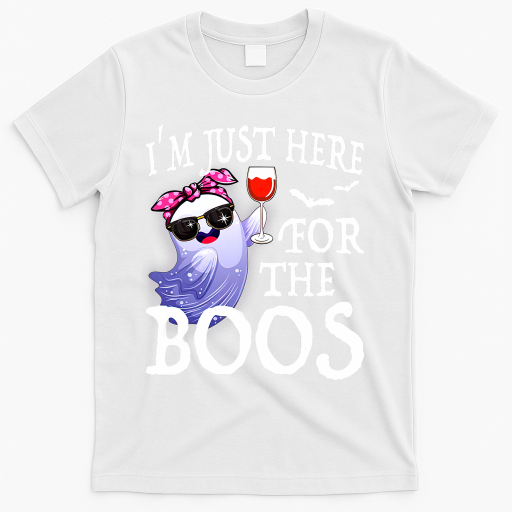 Women Im Just Here For The Boos Cute Halloween Ghost Wine T-Shirt - White