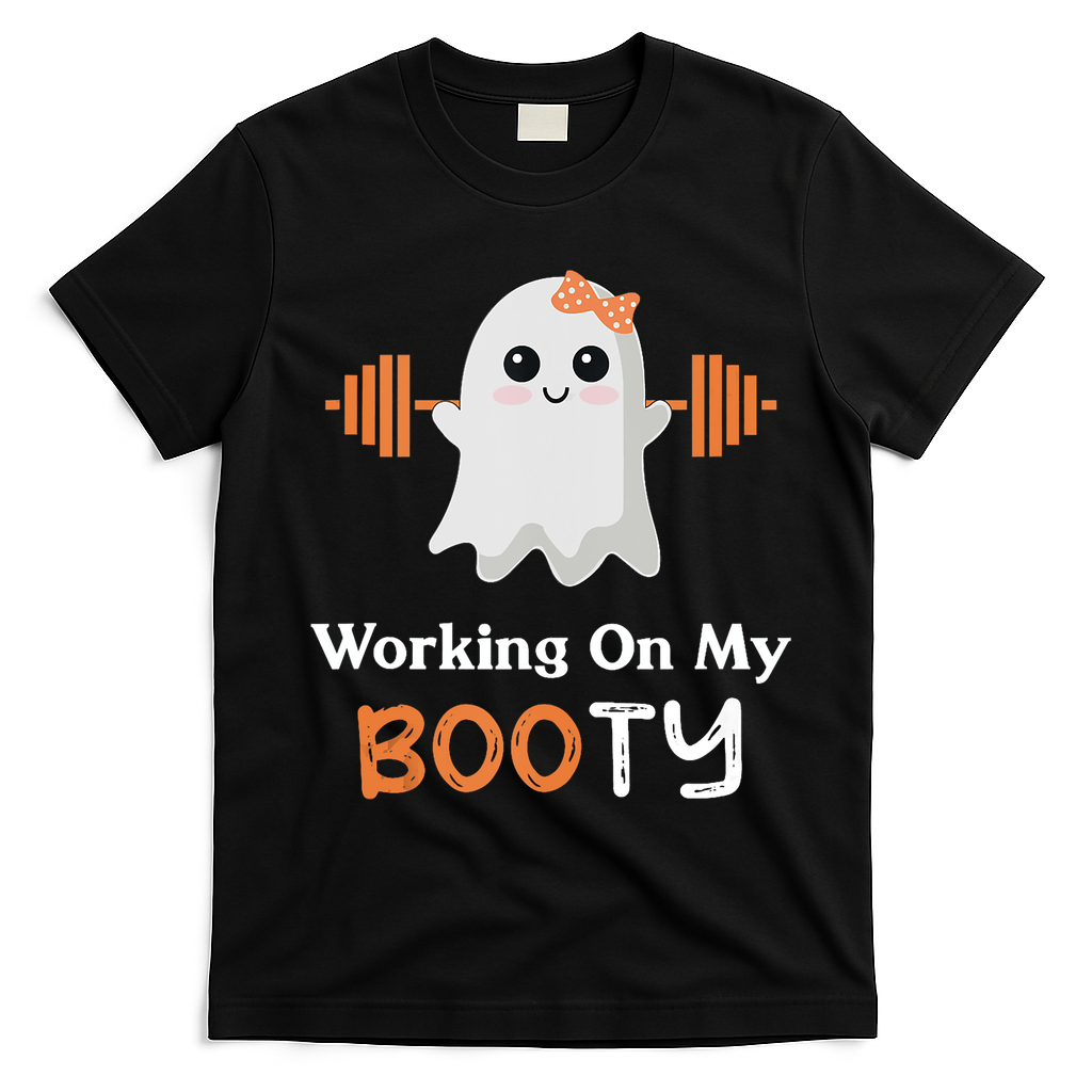 Working On My Booty Funny Halloween Gym Ghost Booty Pun T-Shirt - Black