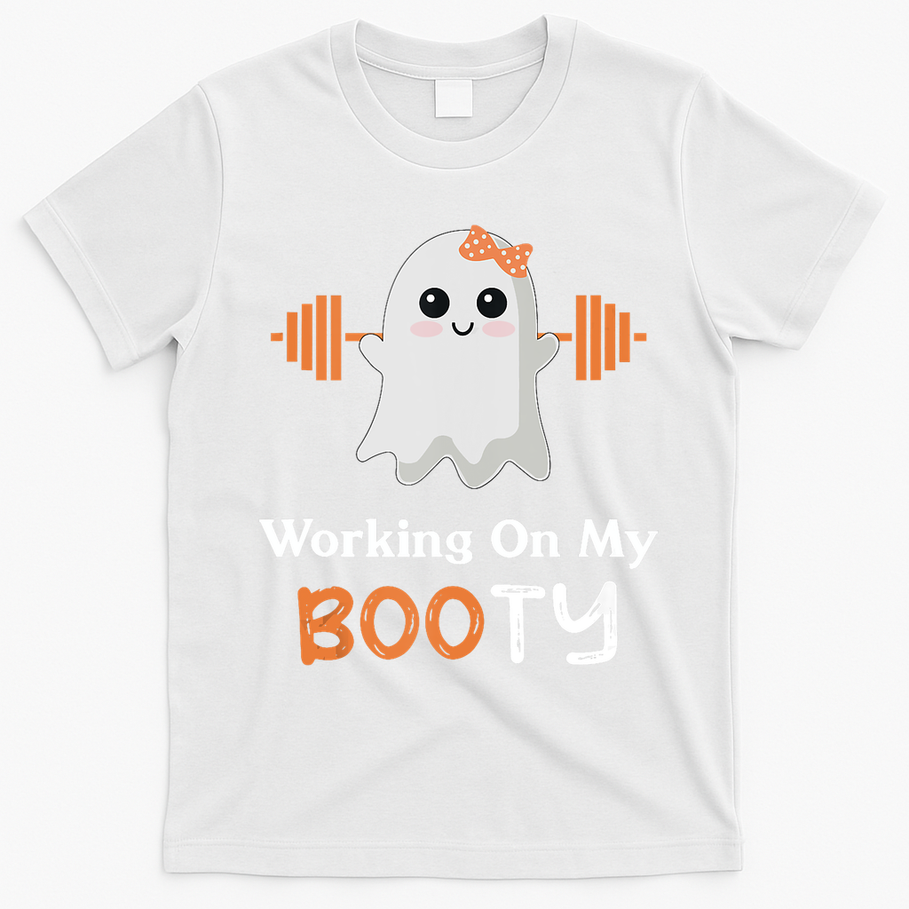 Working On My Booty Funny Halloween Gym Ghost Booty Pun T-Shirt - White