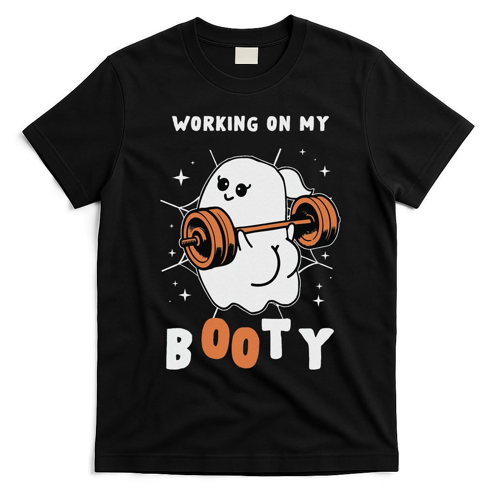 Working On My Booty Halloween Gym Cute Boo Ghost Fitness T-Shirt - Black