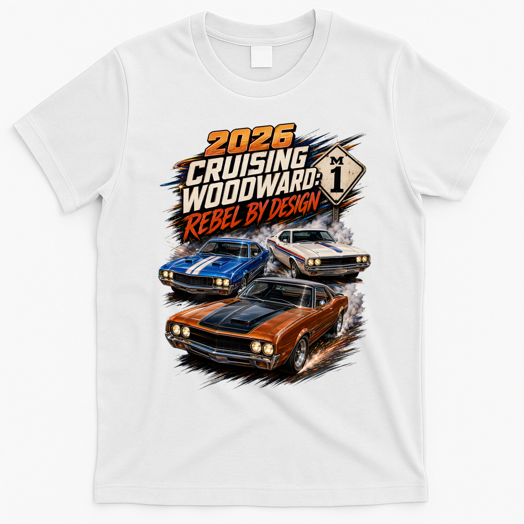 2026 Cruising Woodward Rebel By Design Classics M1 T-Shirt - White
