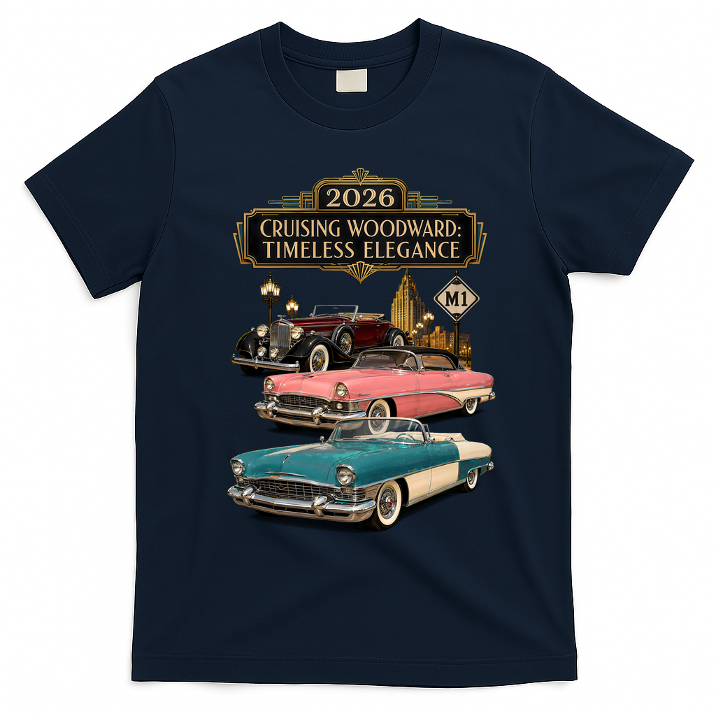 Timeless Elegance Cruising Woodward Ave M1 2026 T-Shirt - Navy Blue