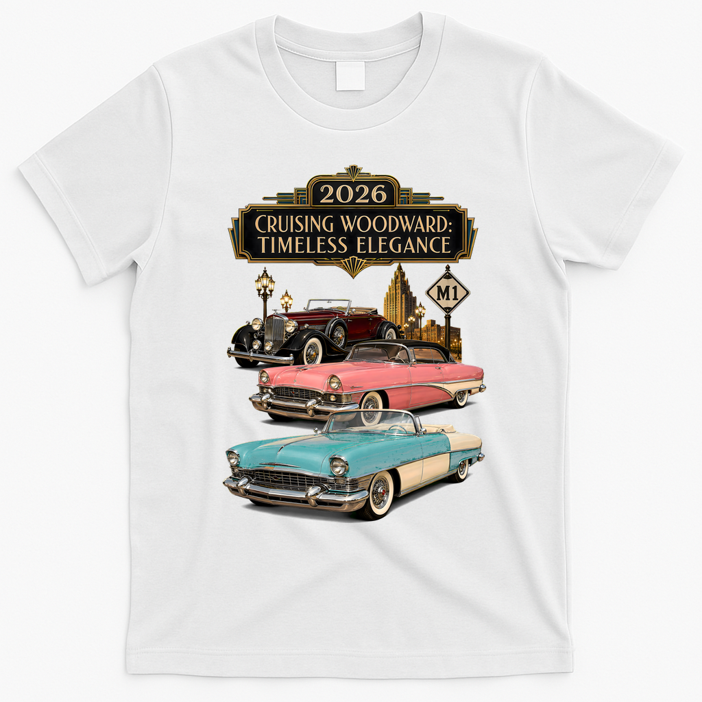 Timeless Elegance Cruising Woodward Ave M1 2026 T-Shirt - White