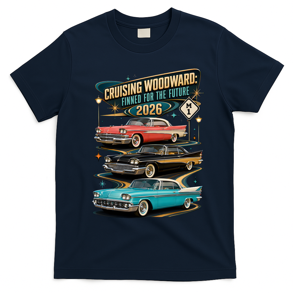 Cruising Woodward 2026 Finned Classic Car Cruise M1 T-Shirt - Navy Blue