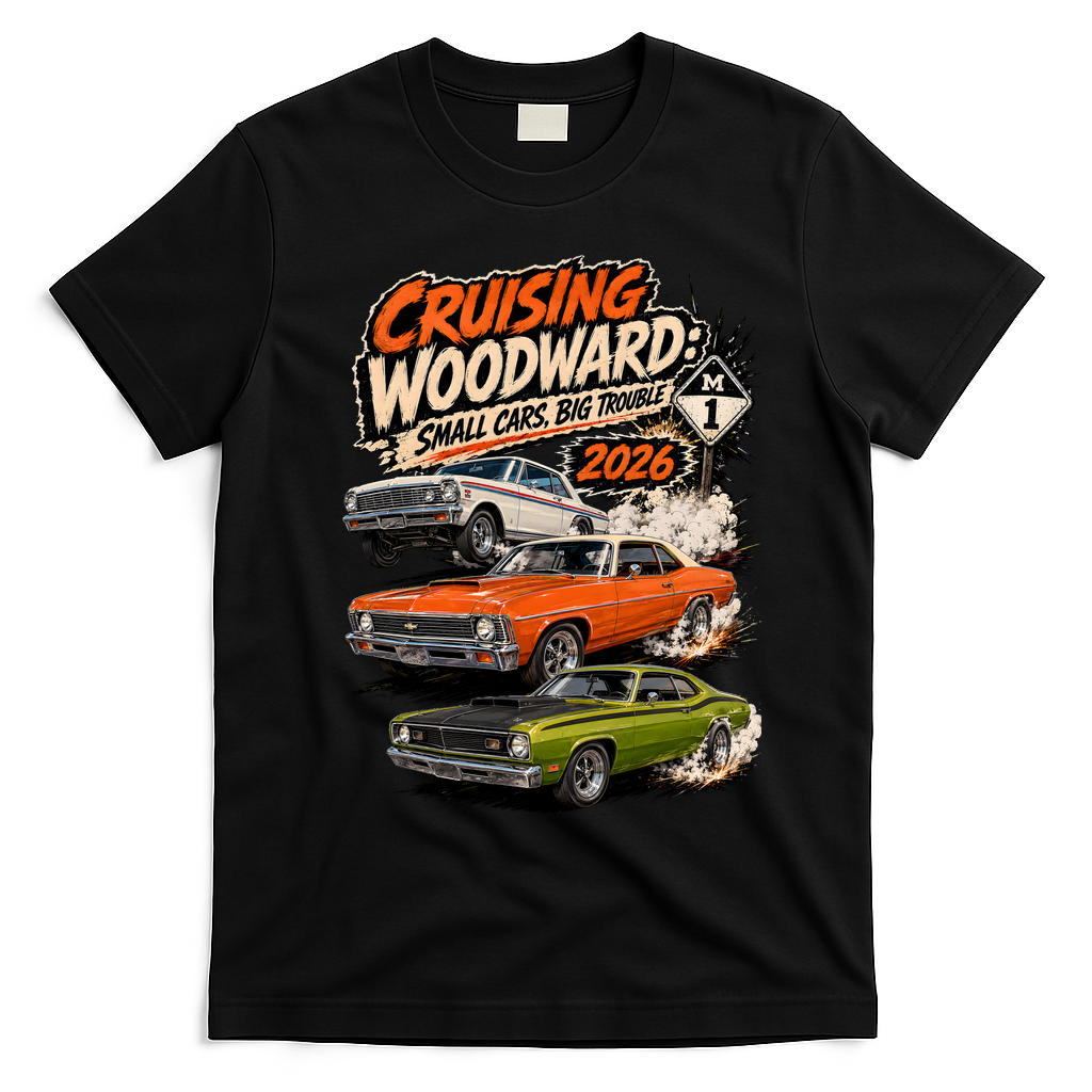 Cruising Woodward Small Cars Big Trouble M1 2026 T-Shirt - Black