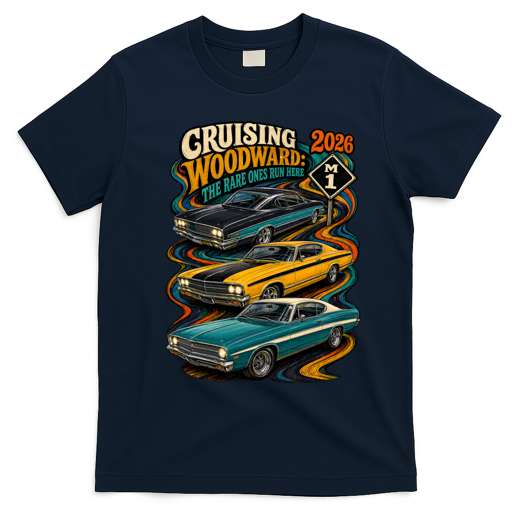 Cruising Woodward 2026 Rare Classic Car Artwork T-Shirt - Navy Blue
